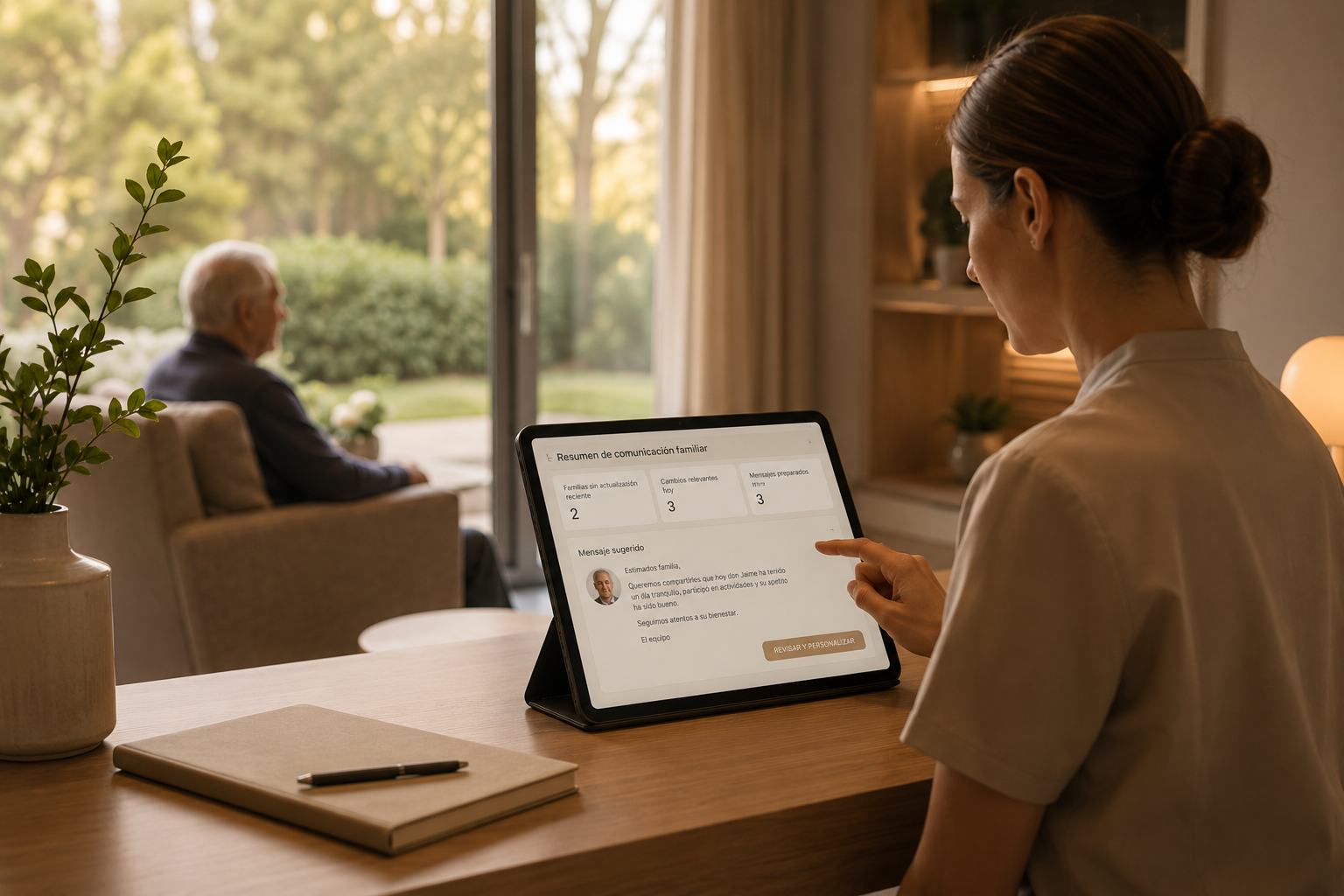 Cuidadora revisando un resumen de comunicación familiar en una tablet en una residencia luminosa